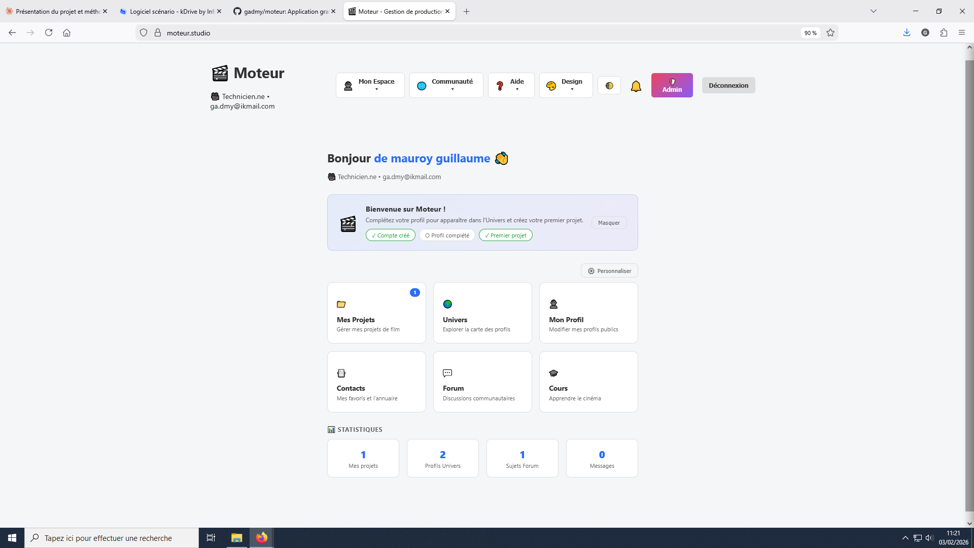 Dashboard Moteur - Hub central