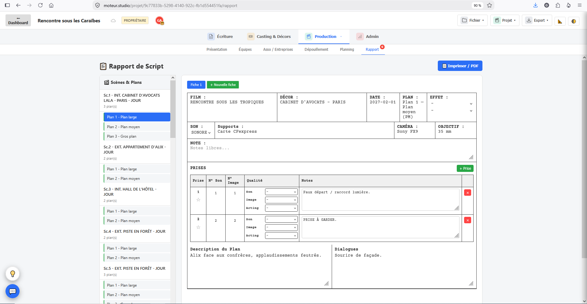 Rapport de script - suivi des prises